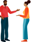 Two students in animated conversation talking with their hands